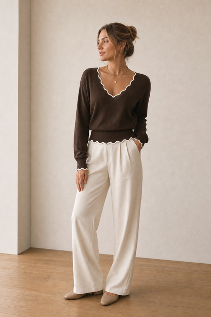 Brown wool blend knit sweater with scallop trim - view 3