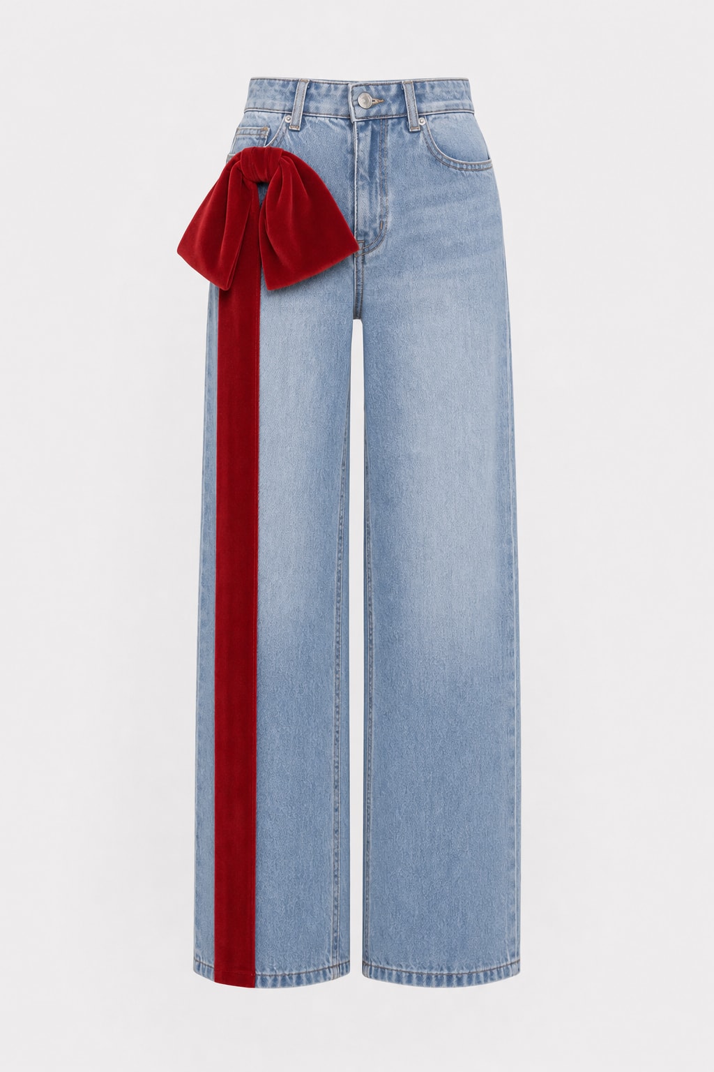 Blue Denim Wide-Leg Jeans With Bow Waist Detail - 1