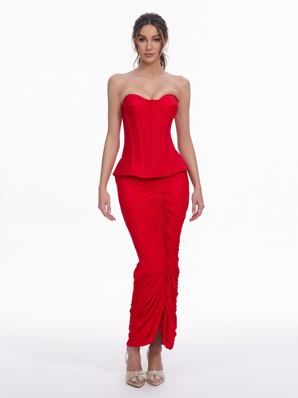 Red strapless ruched corset maxi dress - view 2
