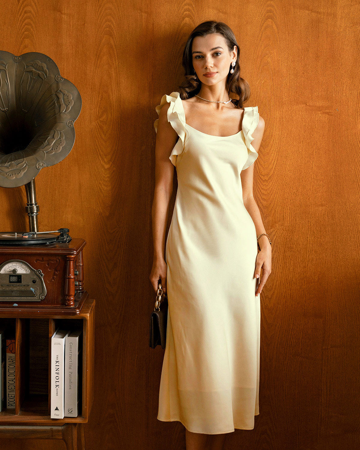 Yellow satin midi dress with ruffle square neck - view 5