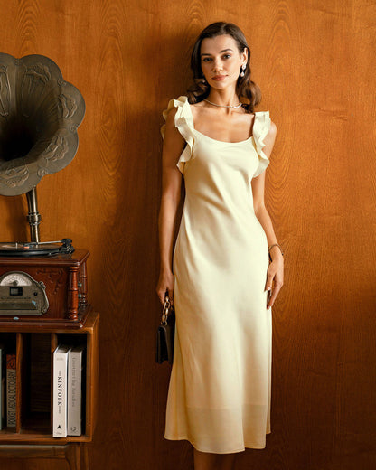 Yellow satin midi dress with ruffle square neck - view 5