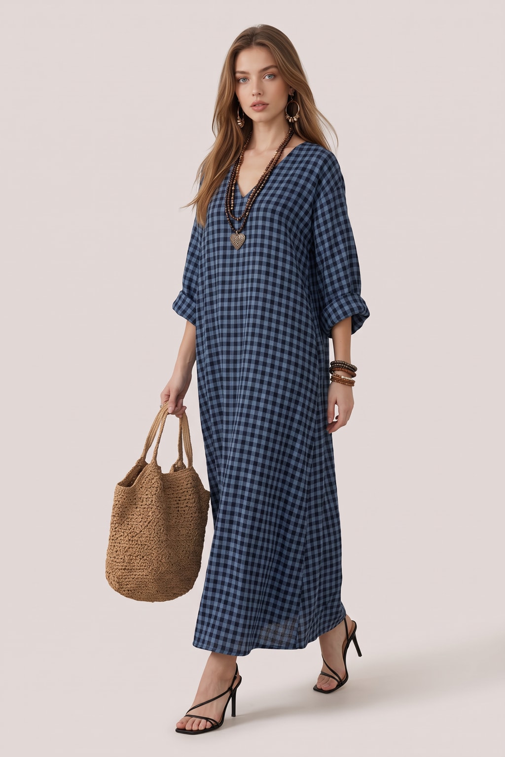 Polyester Maxi Dress Casual V-Neck Plaid Vintage Style - 4