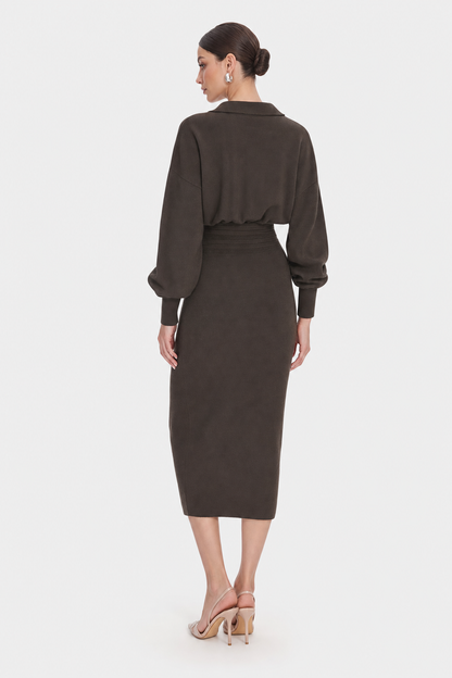 Cinched Waist Knit Shirt Dress in Brown - view 4