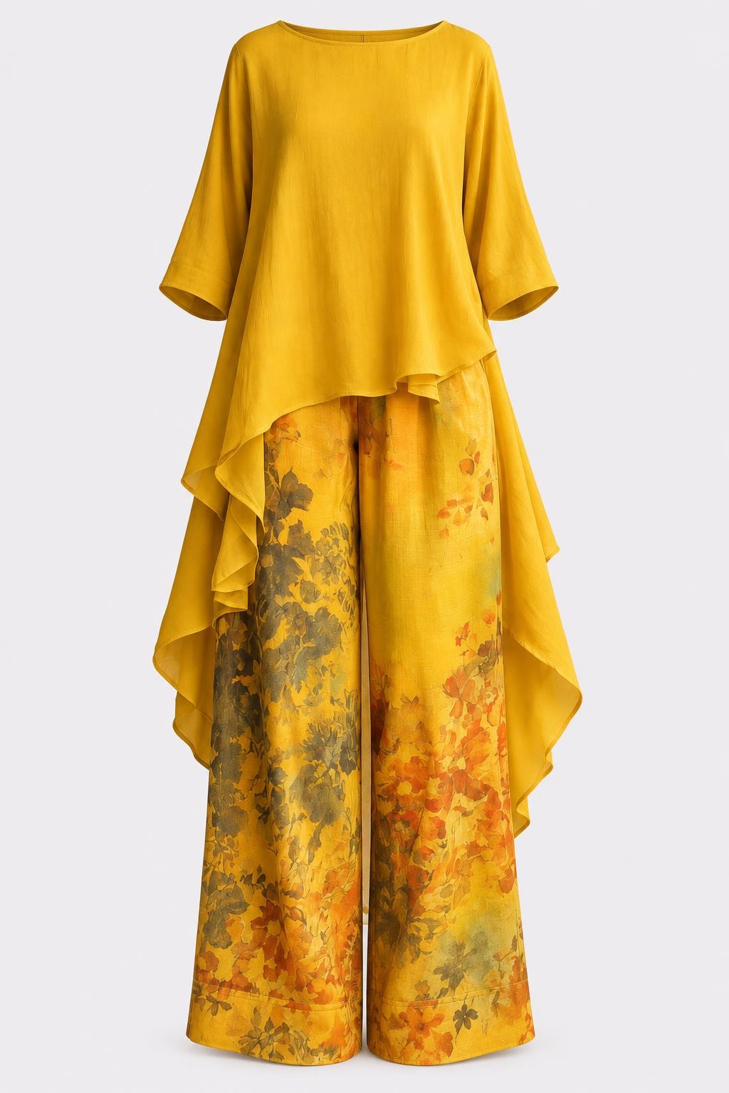 Linen Blend Two-Piece Set With Floral Wide-Leg Pants - 1