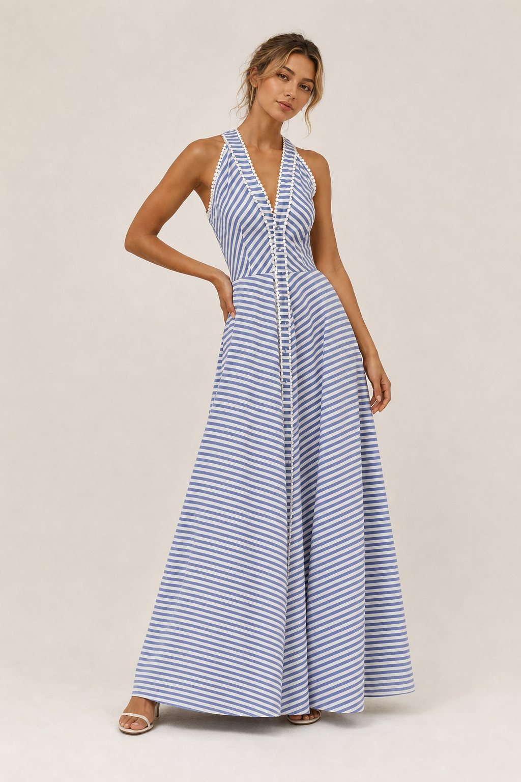 Striped V-Neck Slim Fit Midi Dress - view 5