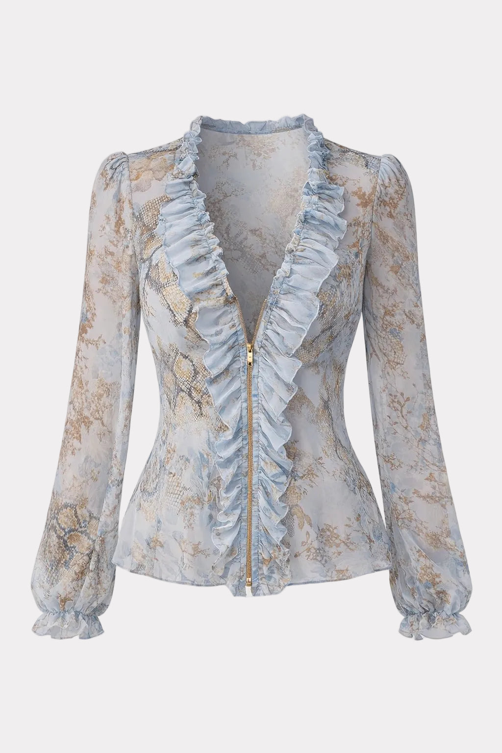 Effortless Long Sleeve Blouse with Ruffled V-Neckline - 1