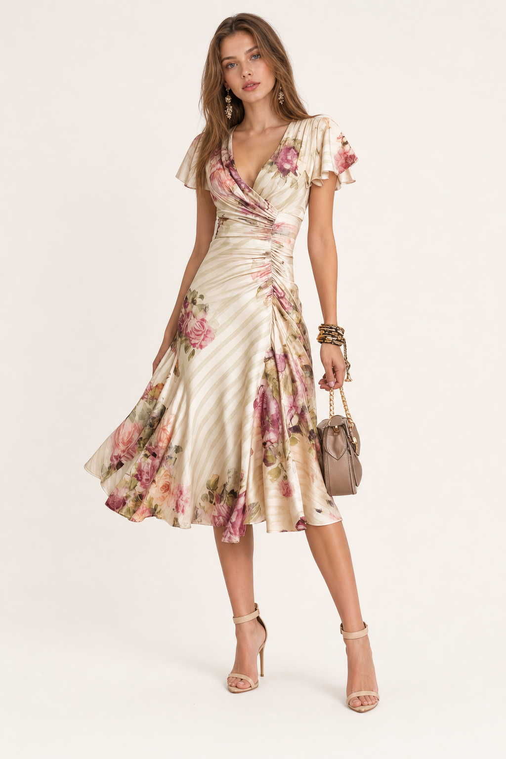 Pink Floral Wrap Midi Dress with Flutter Sleeves - view 2