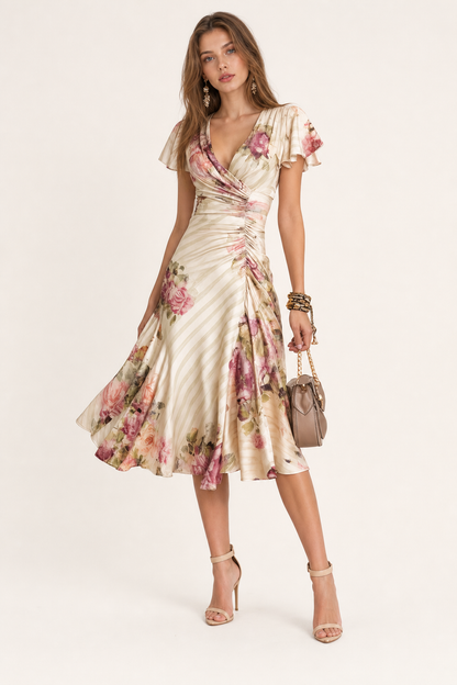 Pink Floral Wrap Midi Dress with Flutter Sleeves - view 2