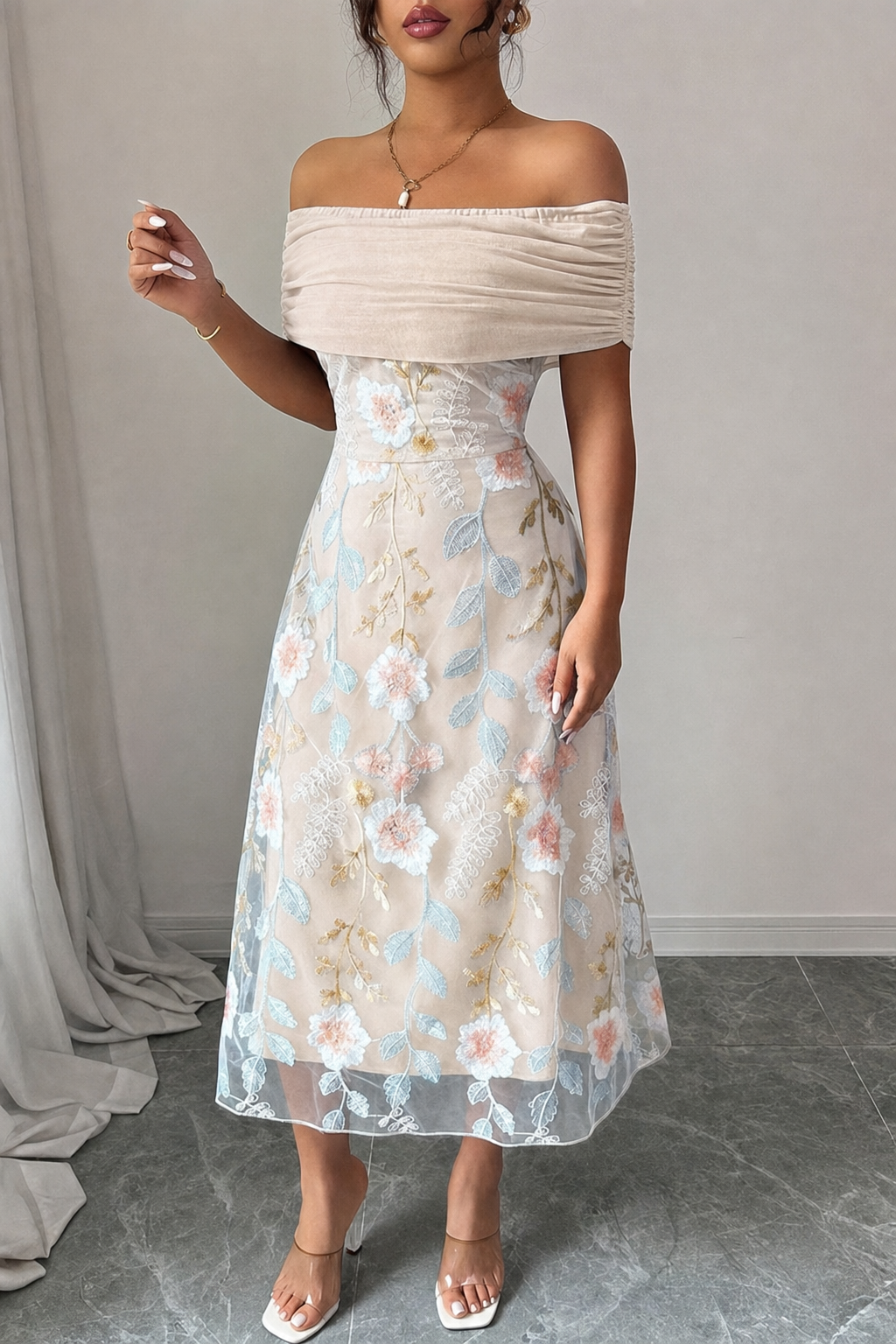One-Shoulder Floral Applique Midi Dress - view 5
