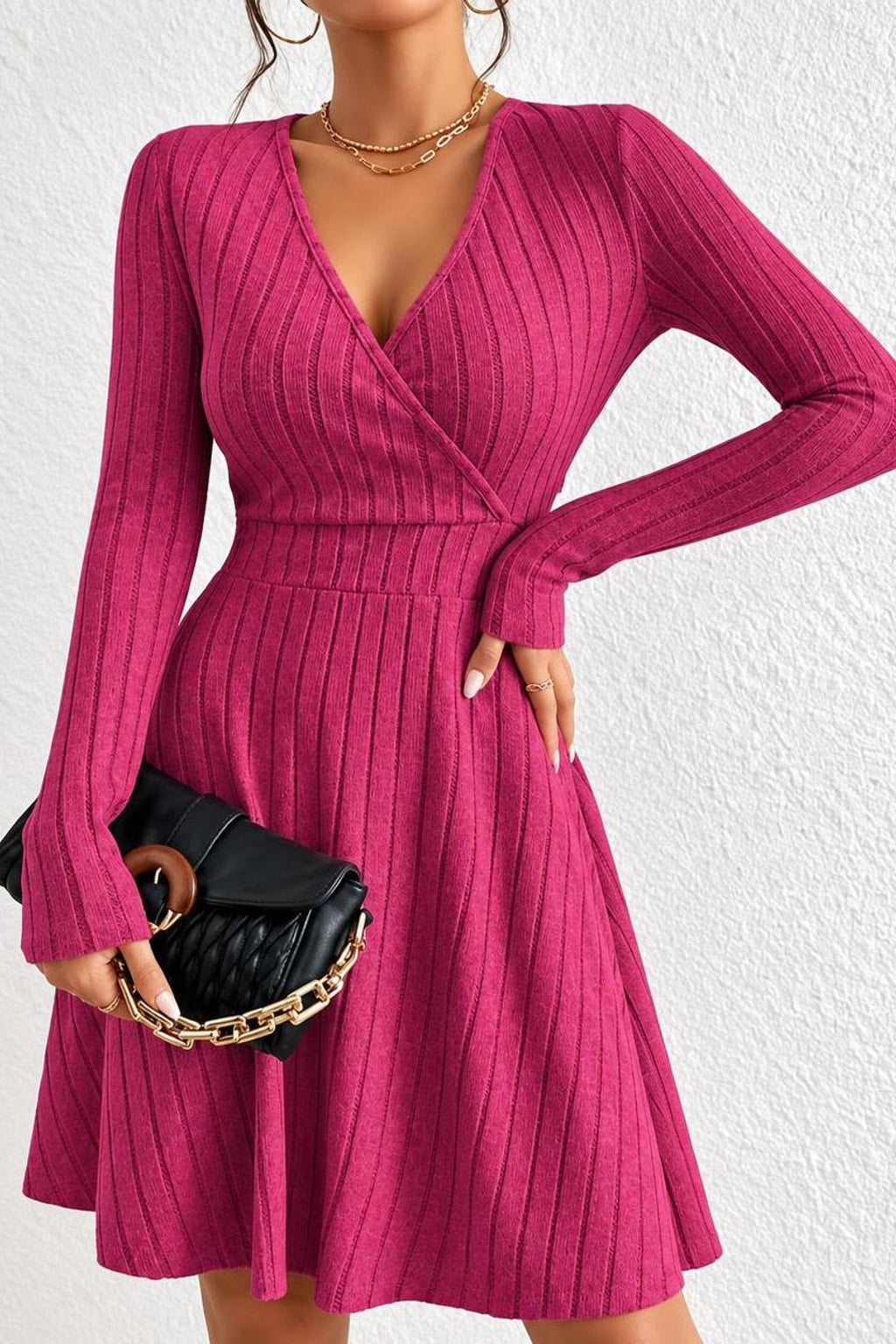 Stretch Knit A-Line Dress with V-Neck - 9