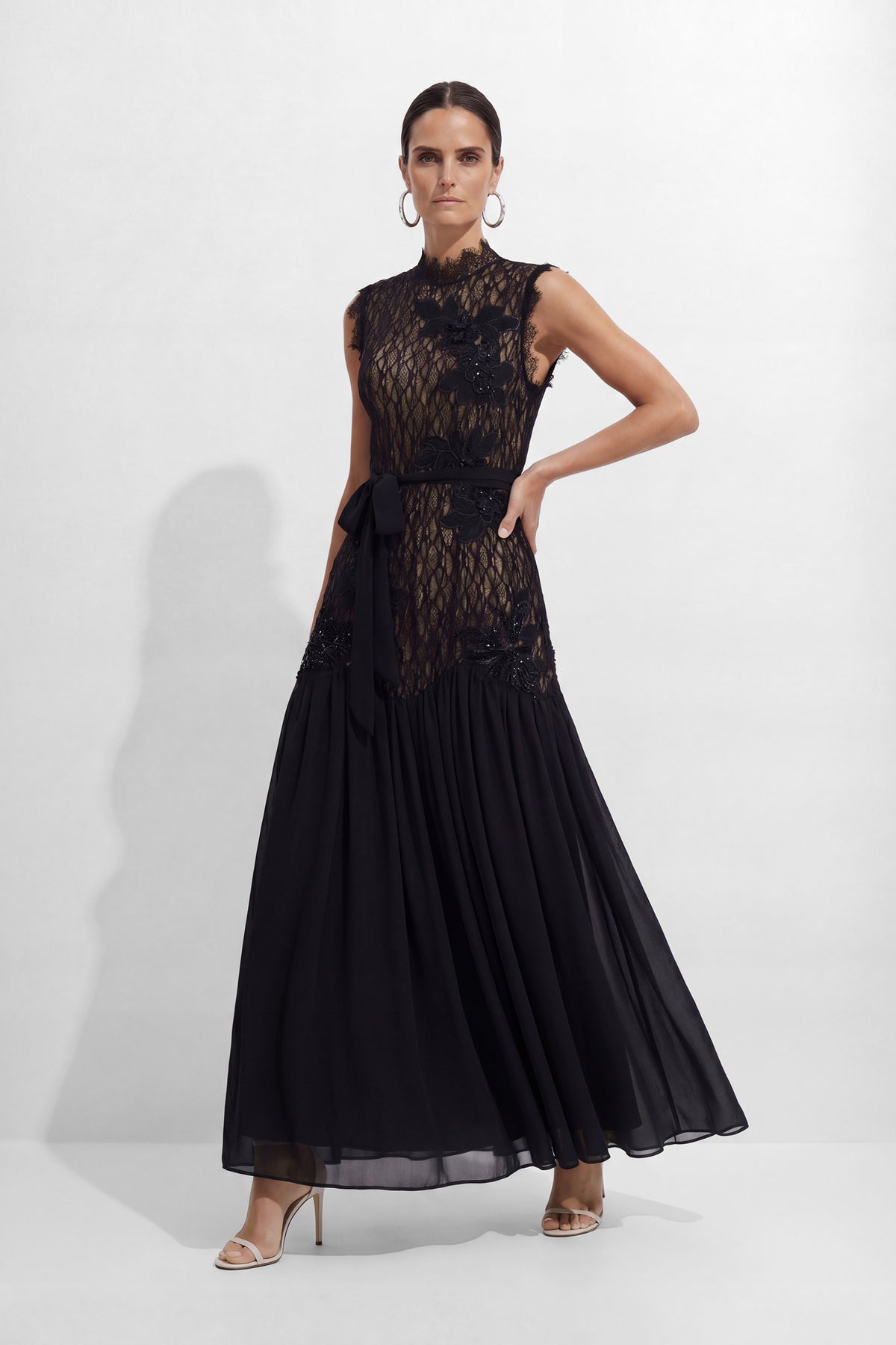 Floral Applique Lace and Chiffon Maxi Dress - view 5