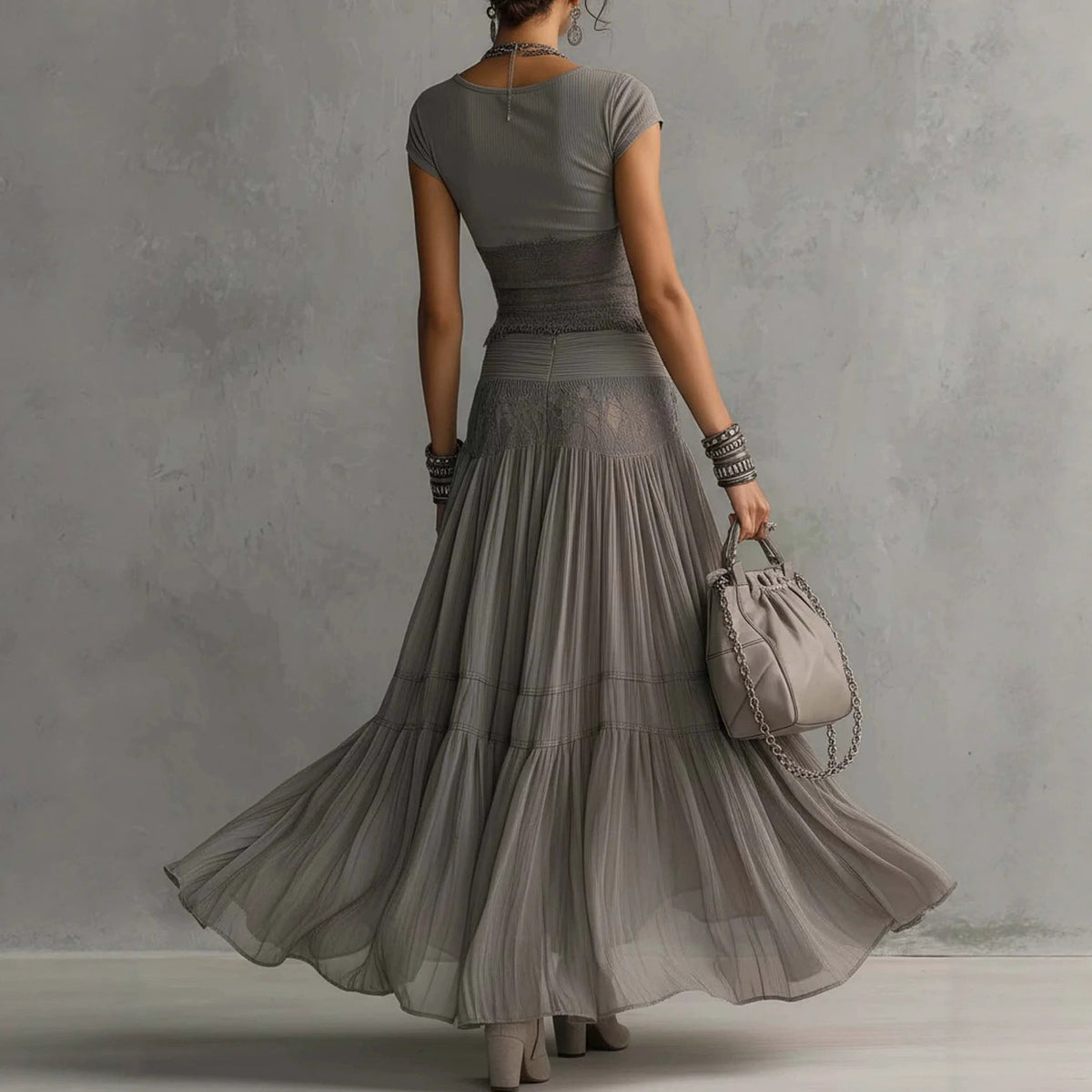 Lace Panel Top and Pleated Maxi Skirt Set - view 5