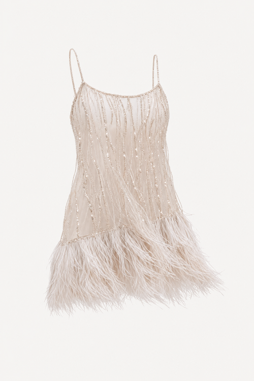 White sequin fringed mesh mini dress