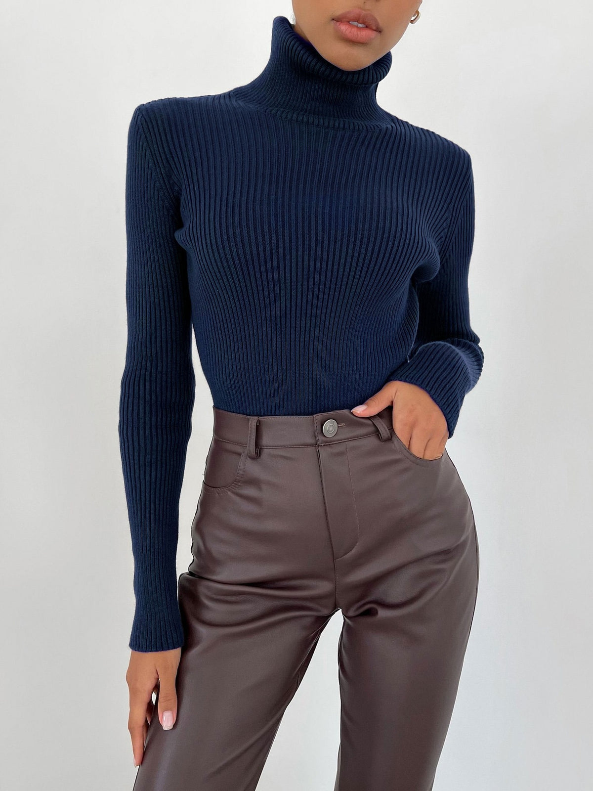 Knit Sweater Turtleneck Ribbed Black - 24