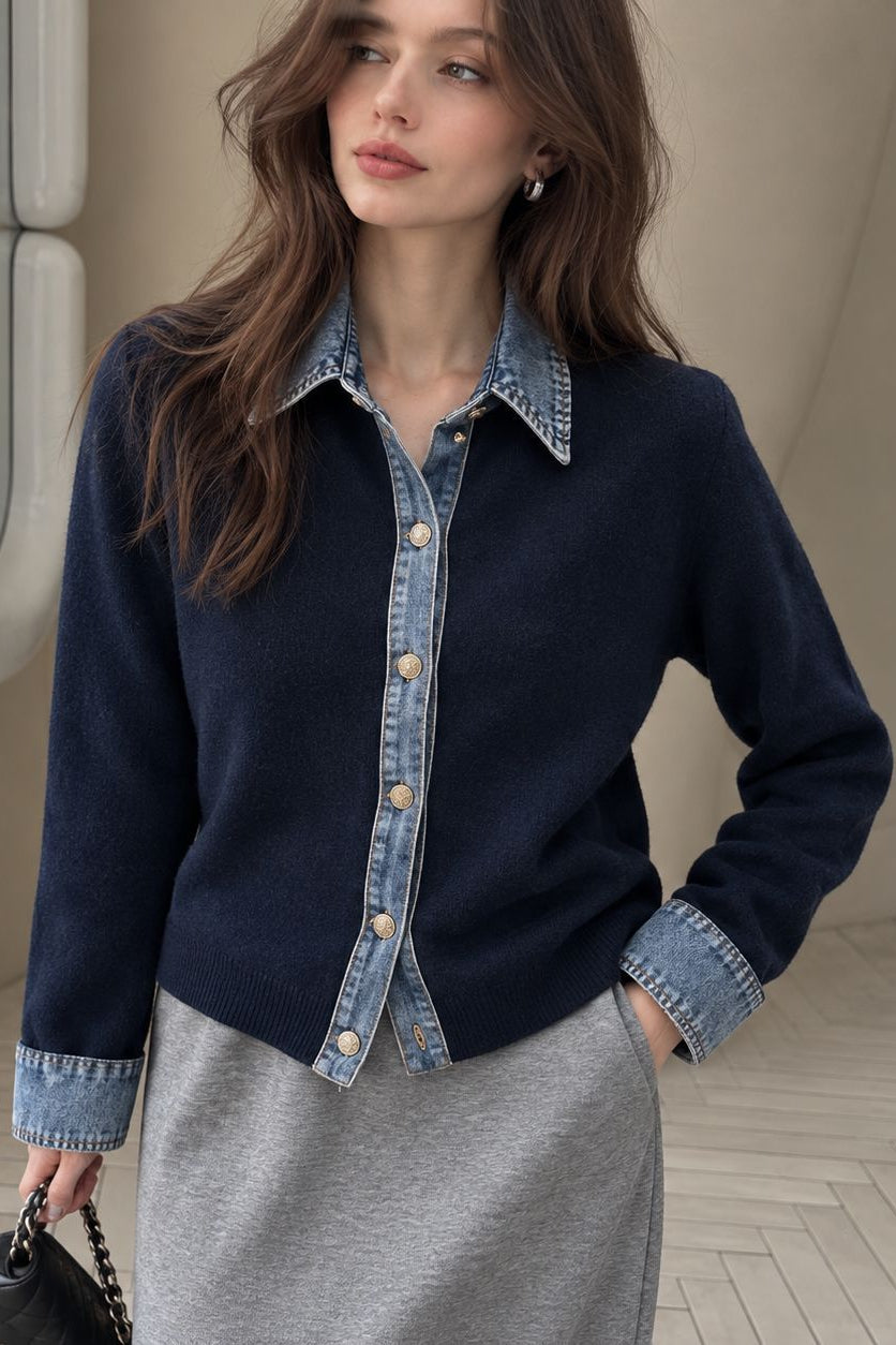 Denim Knit Patchwork Button Cardigan - 4