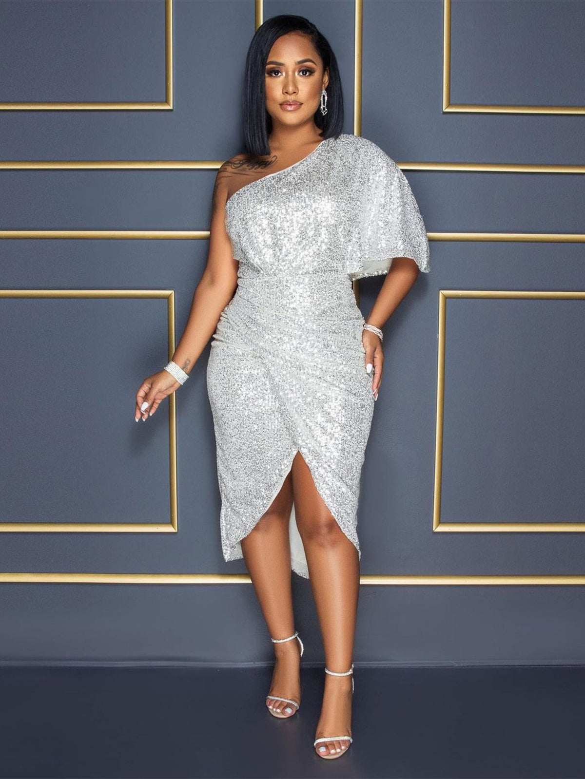 Nylon Sequin Midi Dress With Asymmetric One Shoulder Neckline - 7