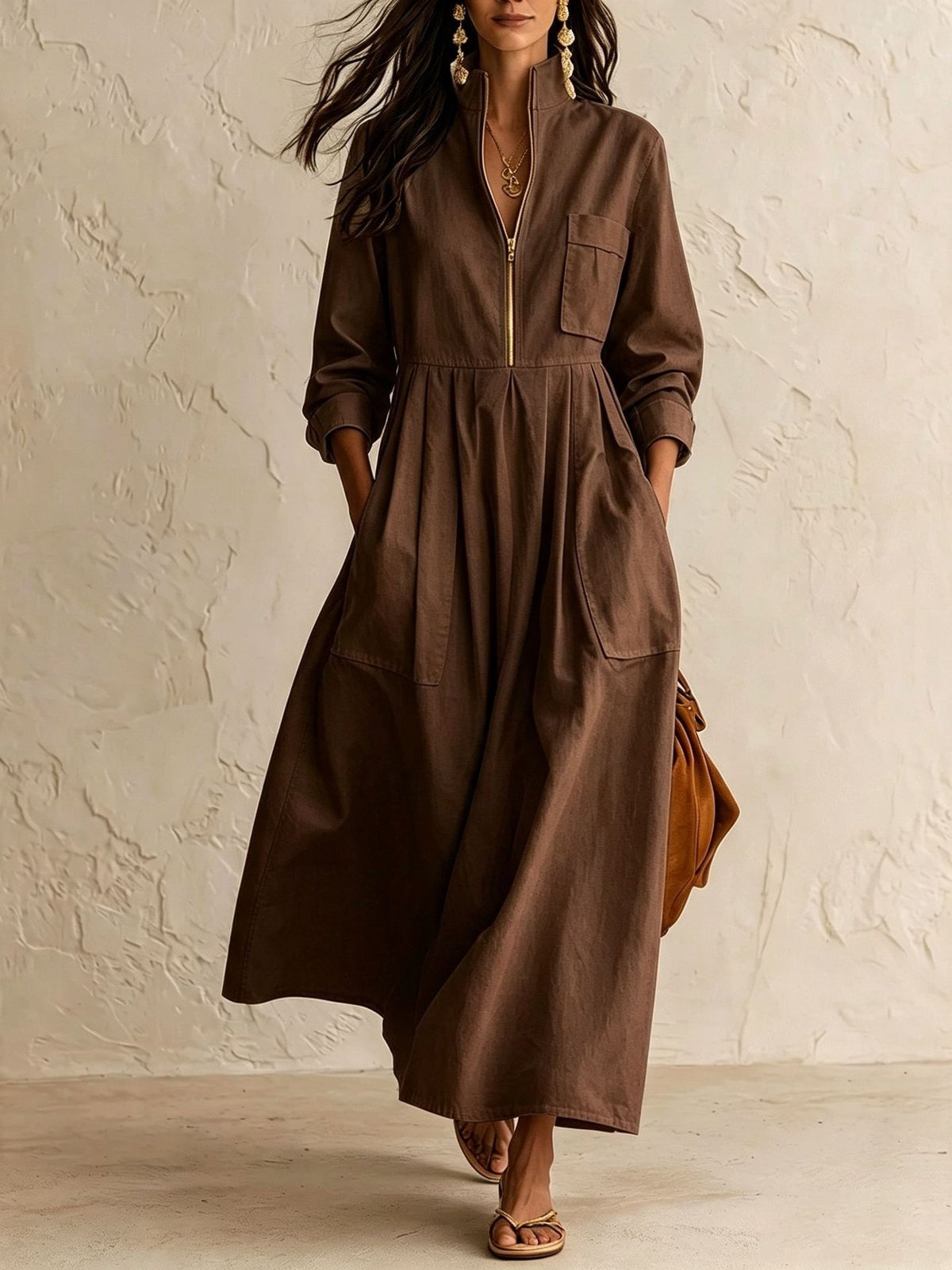 Cotton Maxi Dress Pleated Stand Collar - 5