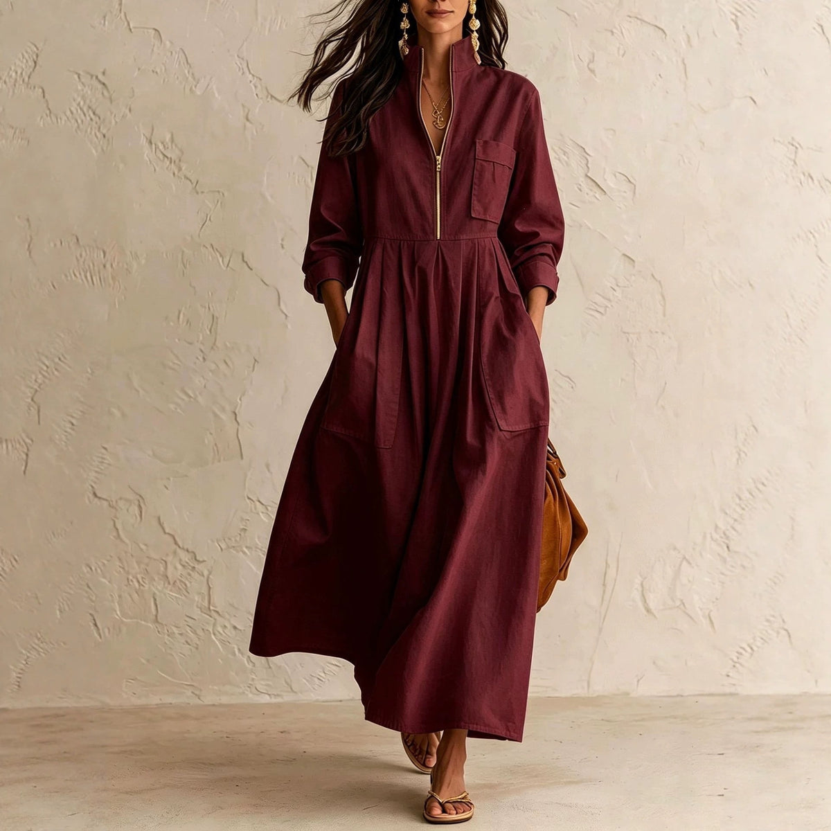 Cotton Maxi Dress Pleated Stand Collar - 6