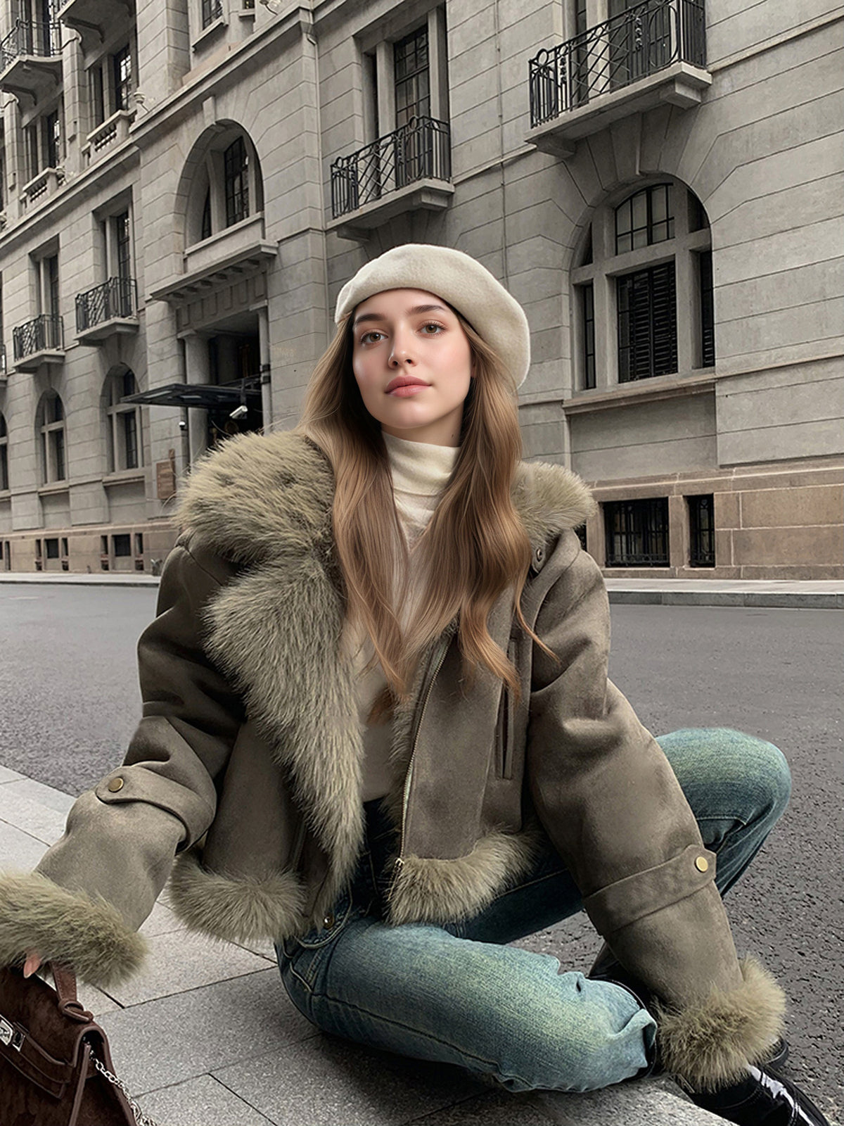 Faux Fur Jacket Polo Collar Short Motorcycle Style - 5