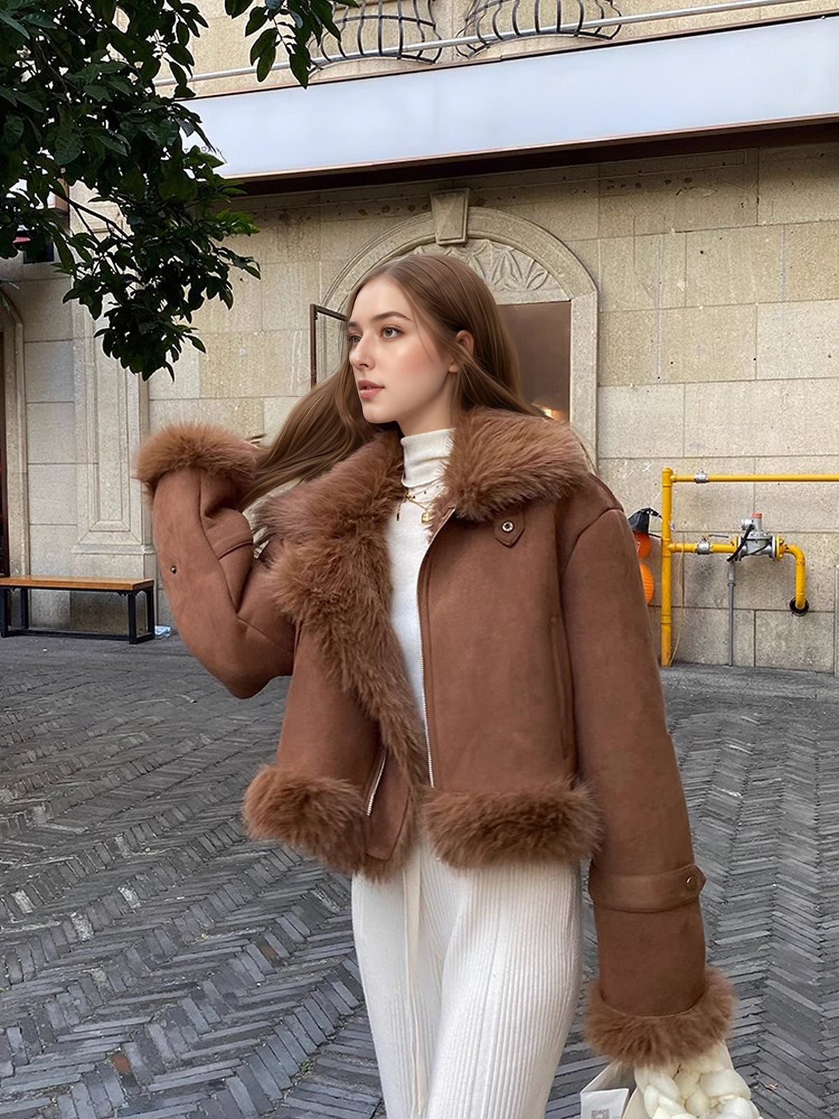 Faux Fur Jacket Polo Collar Short Motorcycle Style - 3