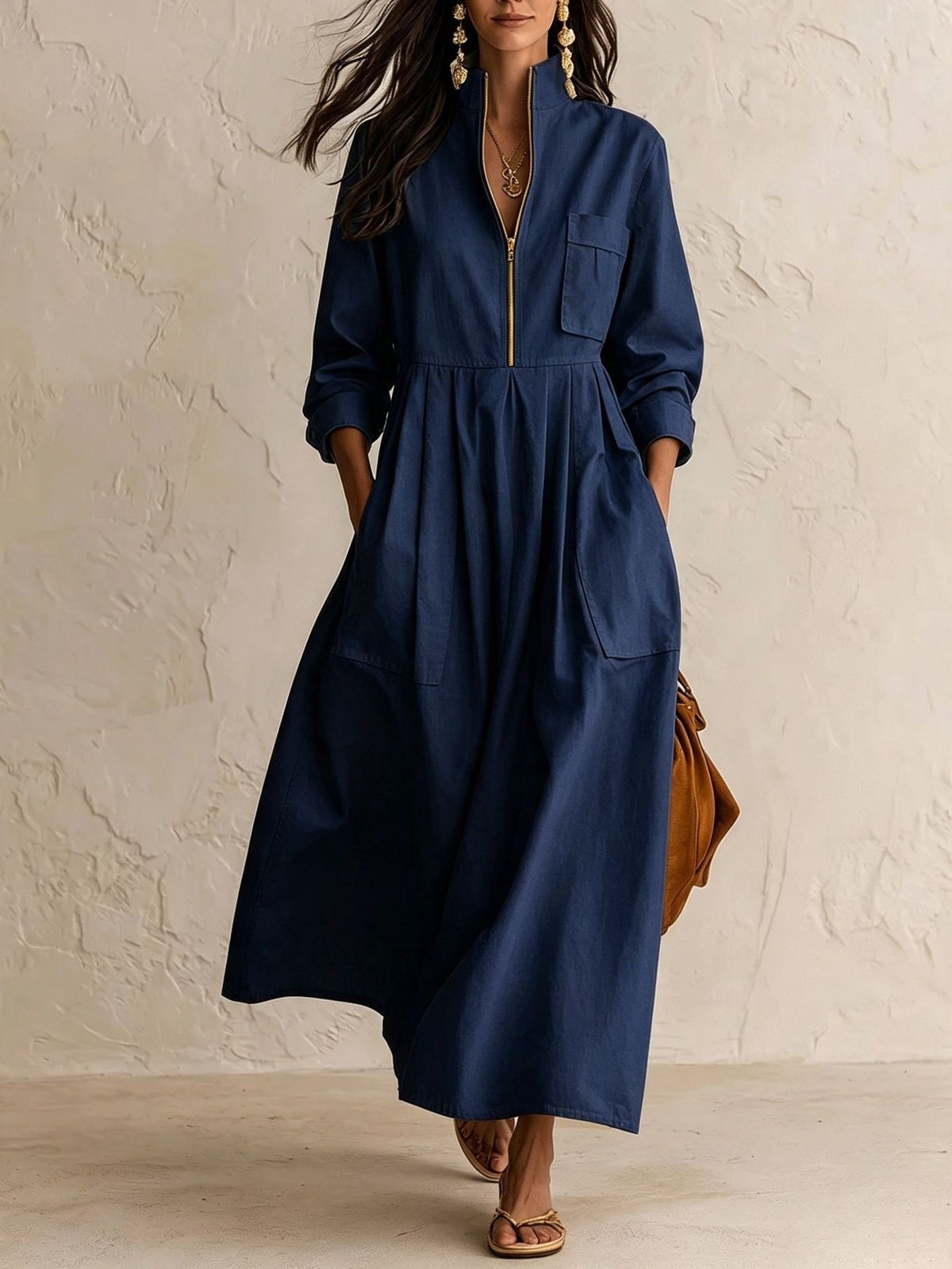 Cotton Maxi Dress Pleated Stand Collar - 7