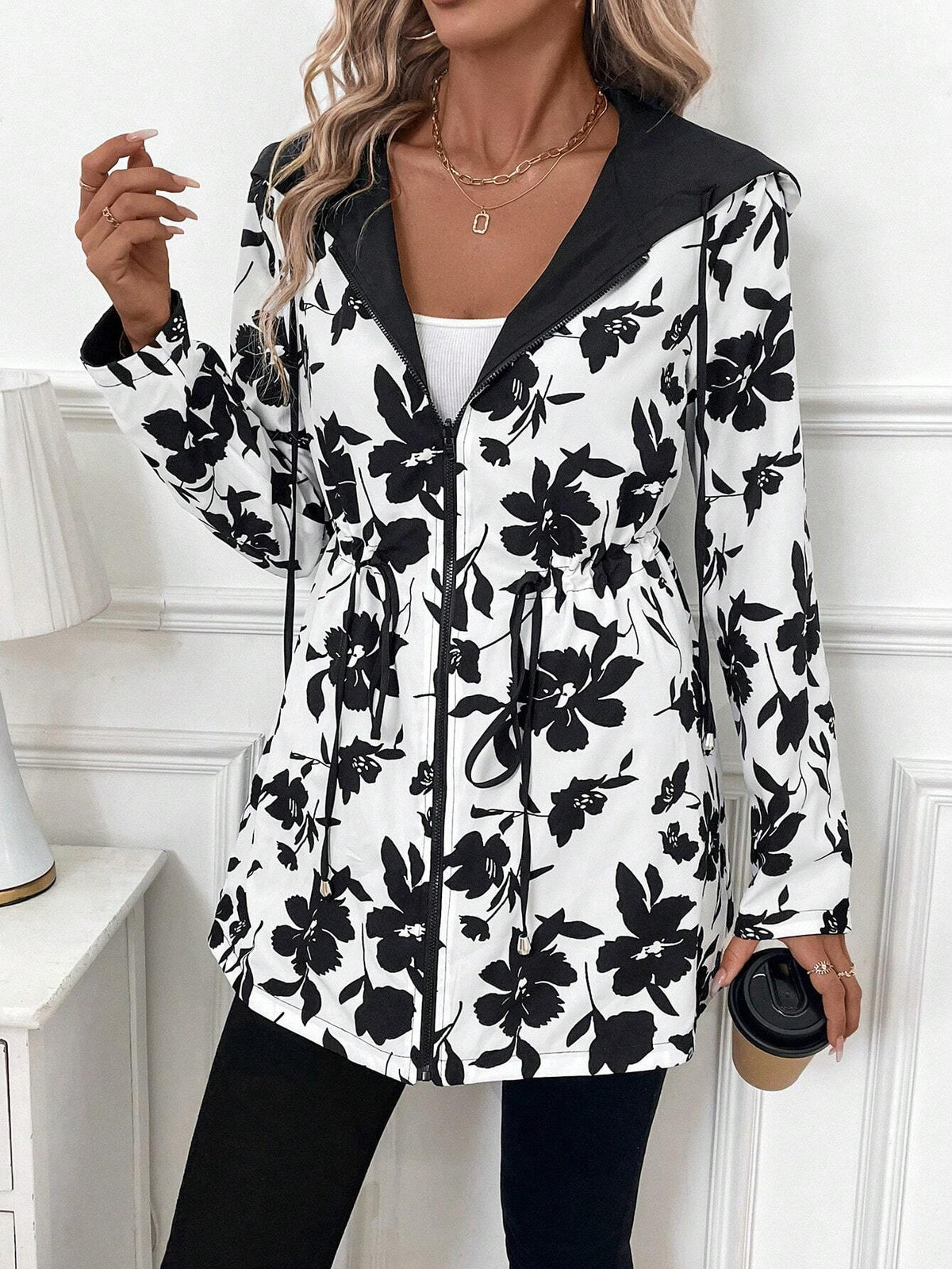 Polyester Jacket Hooded Leopard Print Zipper Long Coat - 8
