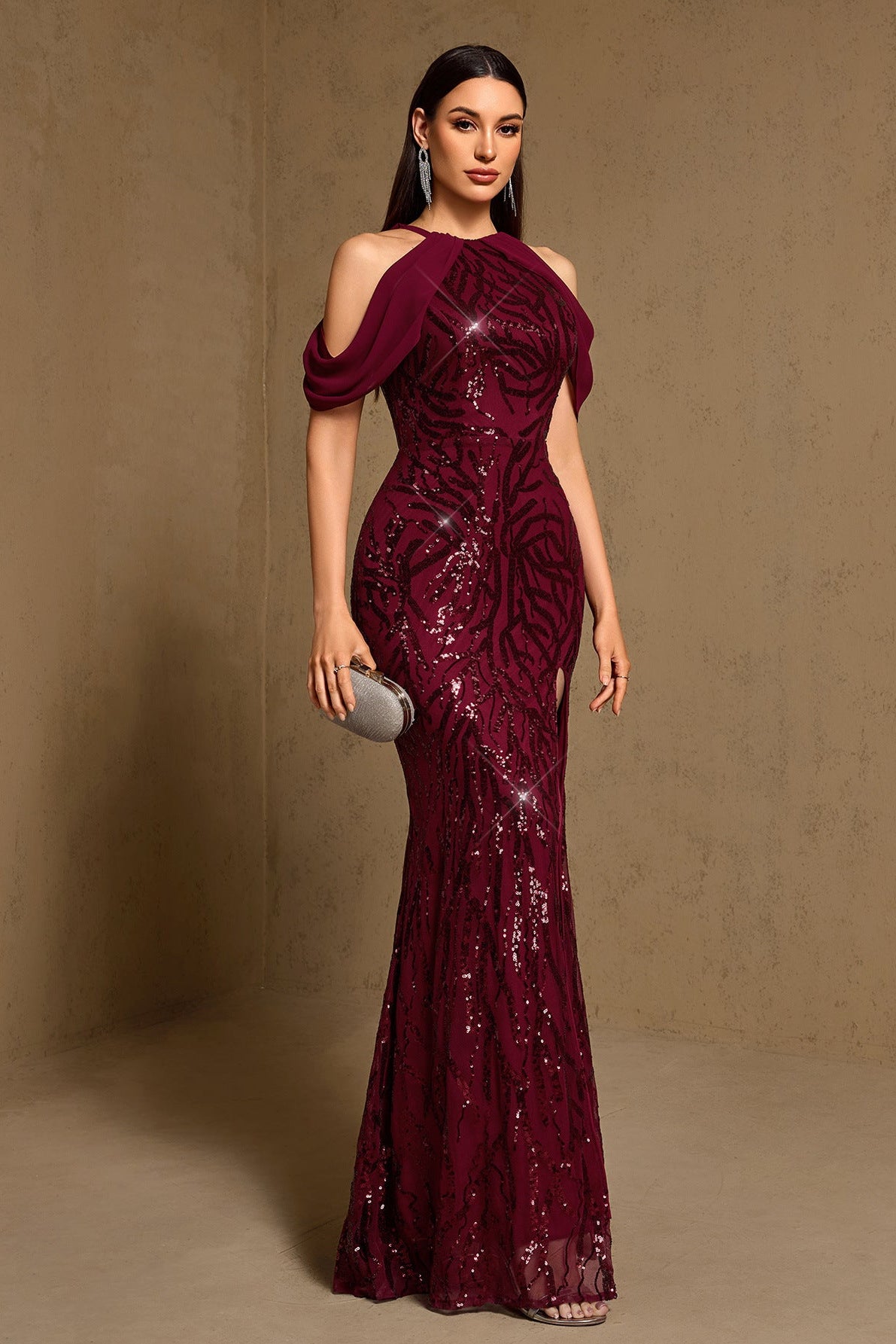 Chiffon Maxi Dress Halter Sequin Slit - 3