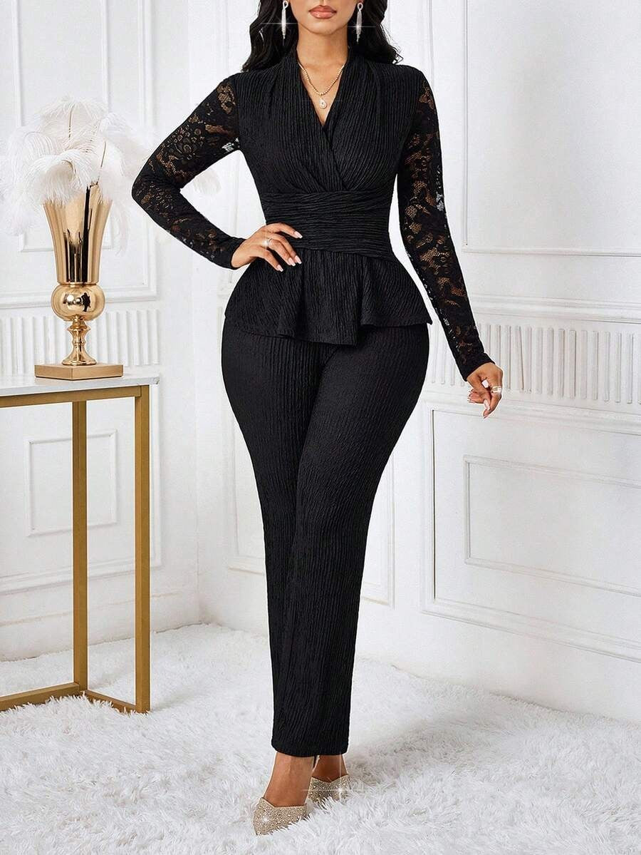 Polyester Two-Piece Pantsuit With Pleated Peplum - 5