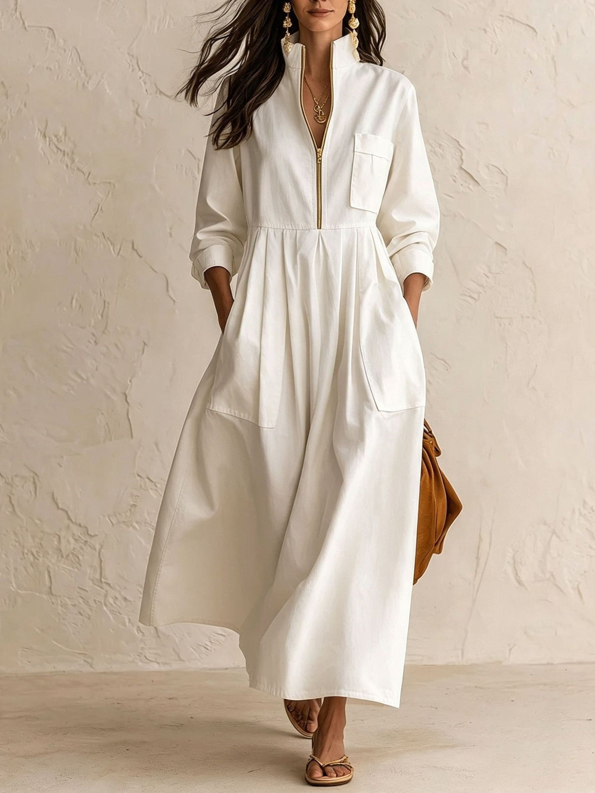 Cotton Maxi Dress Pleated Stand Collar - 8
