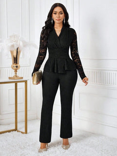 Polyester Two-Piece Pantsuit With Pleated Peplum - 2