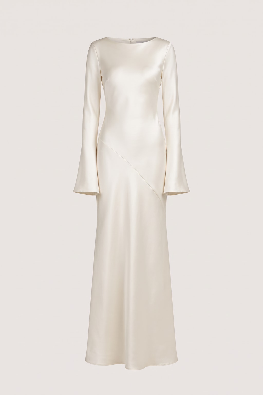 Ivory satin maxi dress with boat neckline and wide flared bell sleeves, full front view