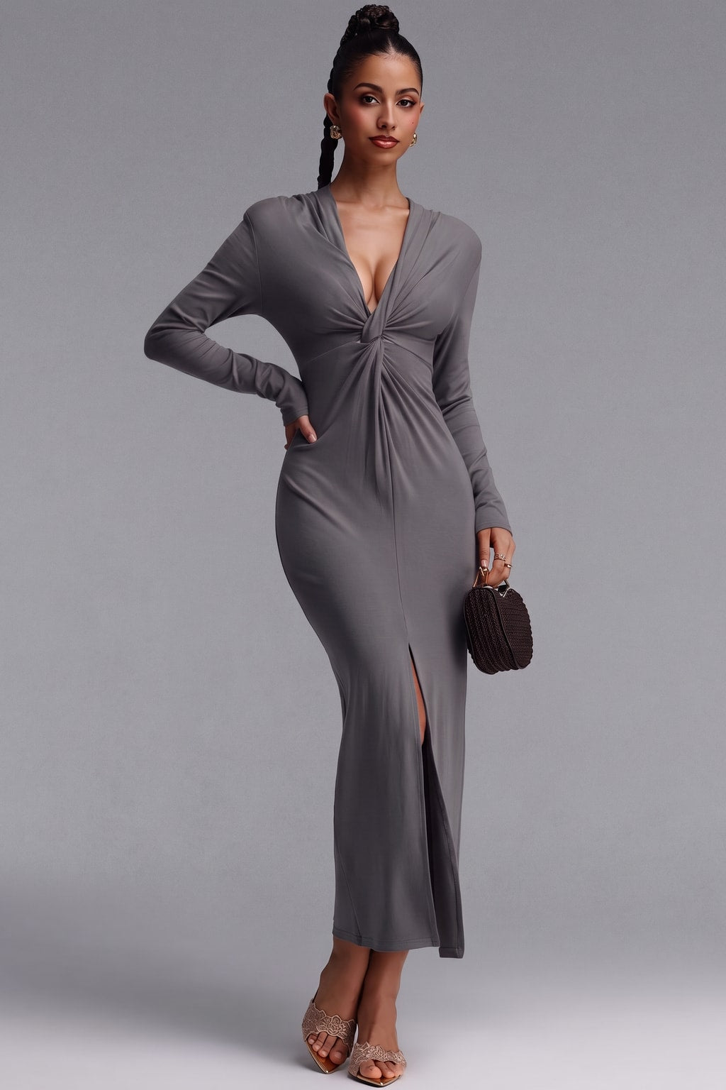 Knit Maxi Dress Deep V-Neck Twist Front - 8
