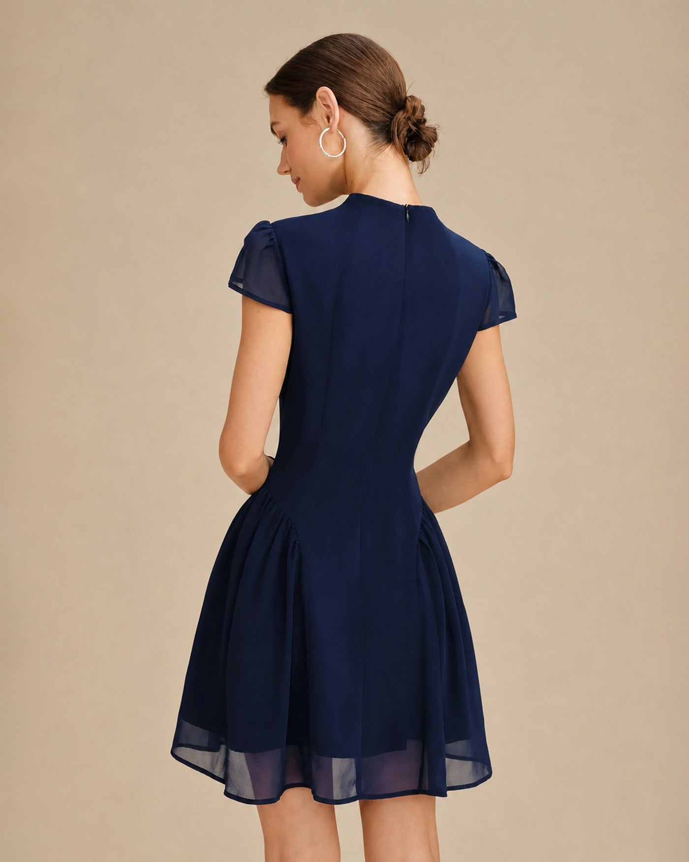 Blue Ruched A-Line Mini Dress, Cap Sleeves - view 4