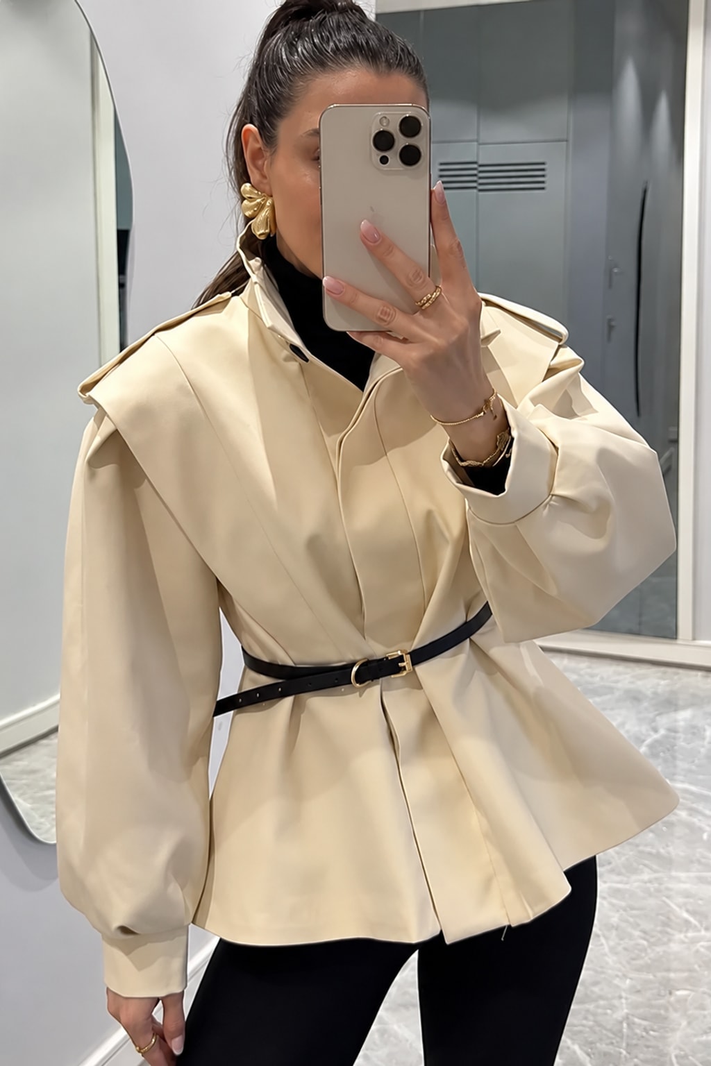 Polyester Trench Coat Cropped With Waist Cinch - 1