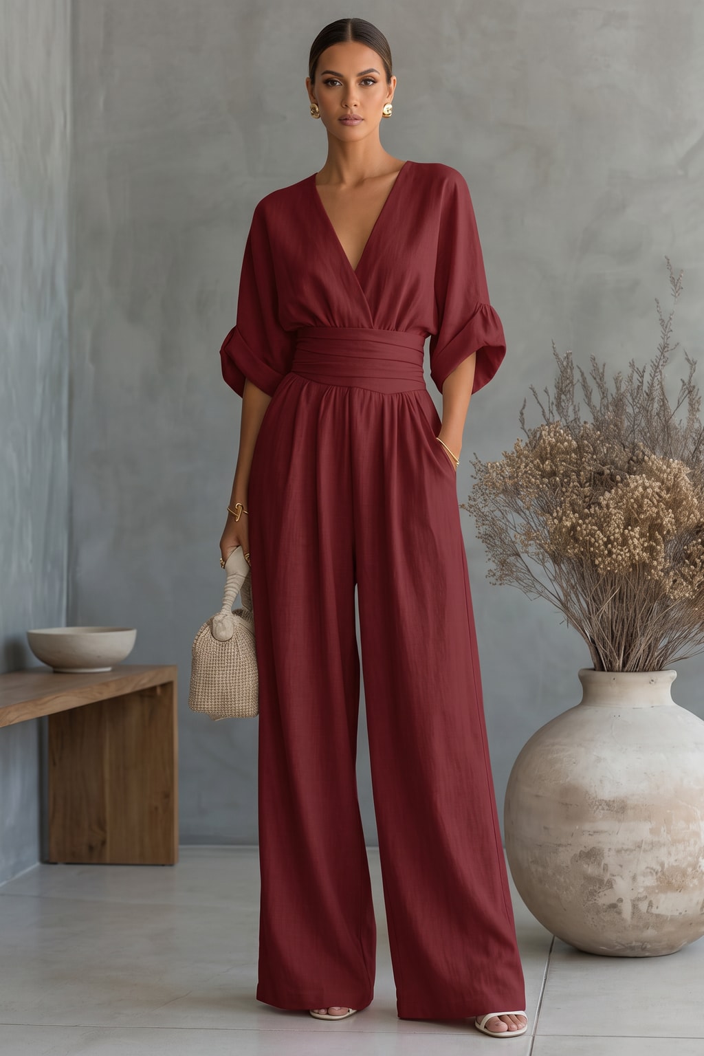 Polyester Wide Leg Jumpsuit With Ruched Detail - 7