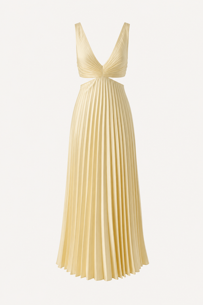 Satin pleated maxi dress with cutout waist