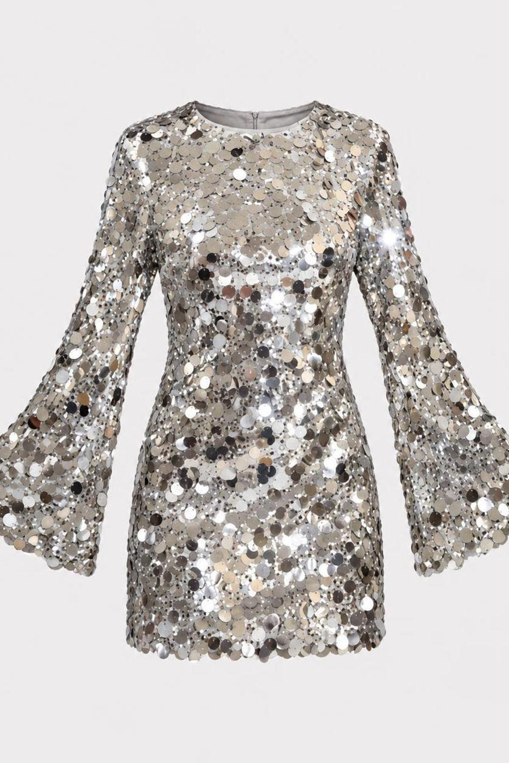 Silver Sequin Mini Dress with Trumpet Sleeves - 1