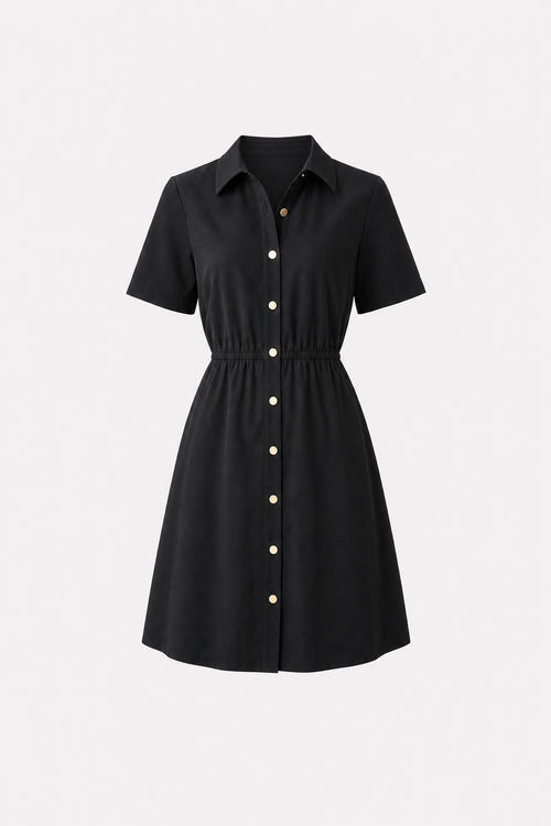 Black Collared Button-Front Mini Dress