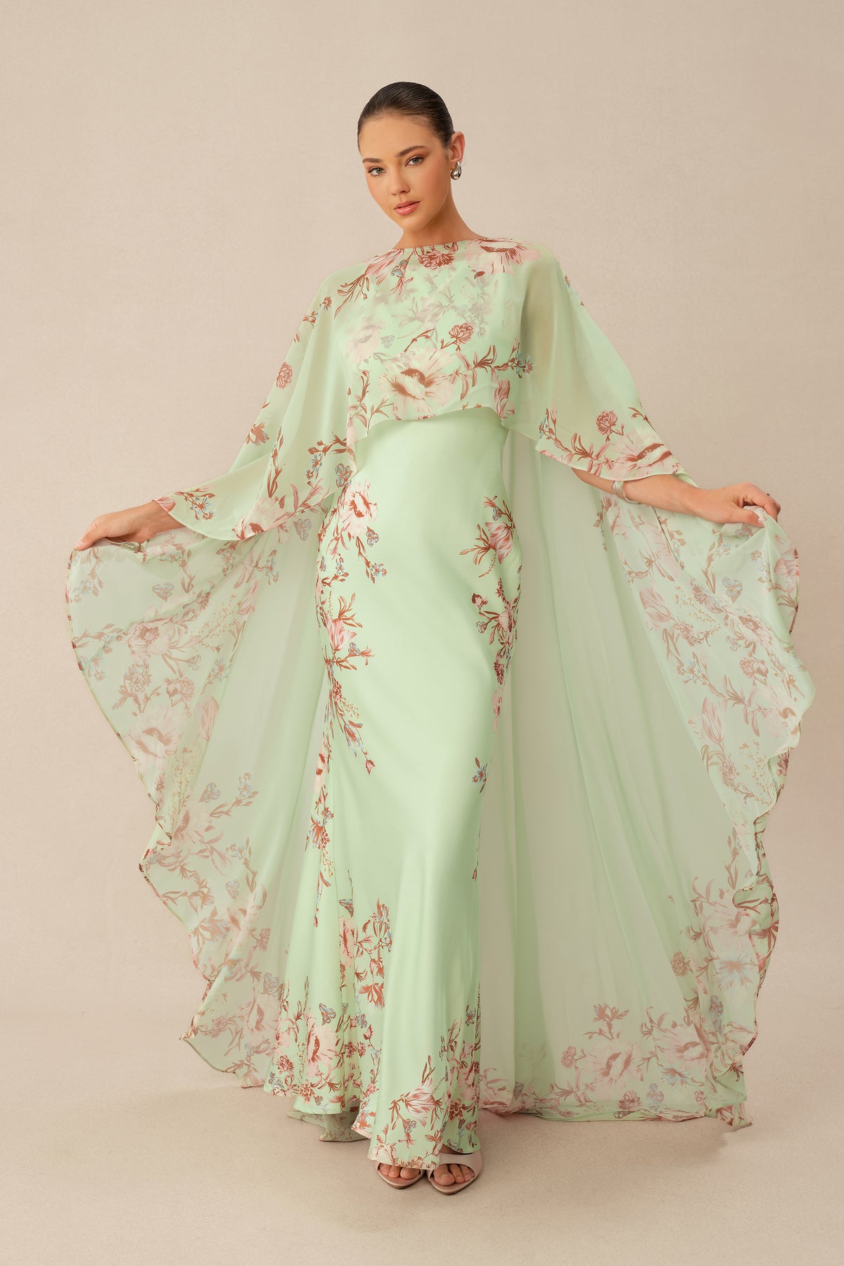 Green floral maxi dress with chiffon cape overlay - view 4