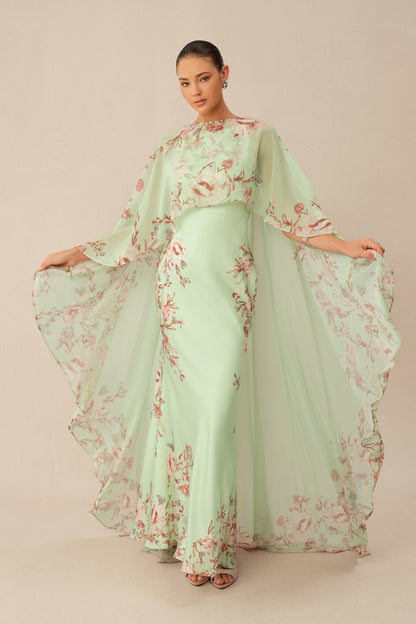 Green floral maxi dress with chiffon cape overlay - view 4