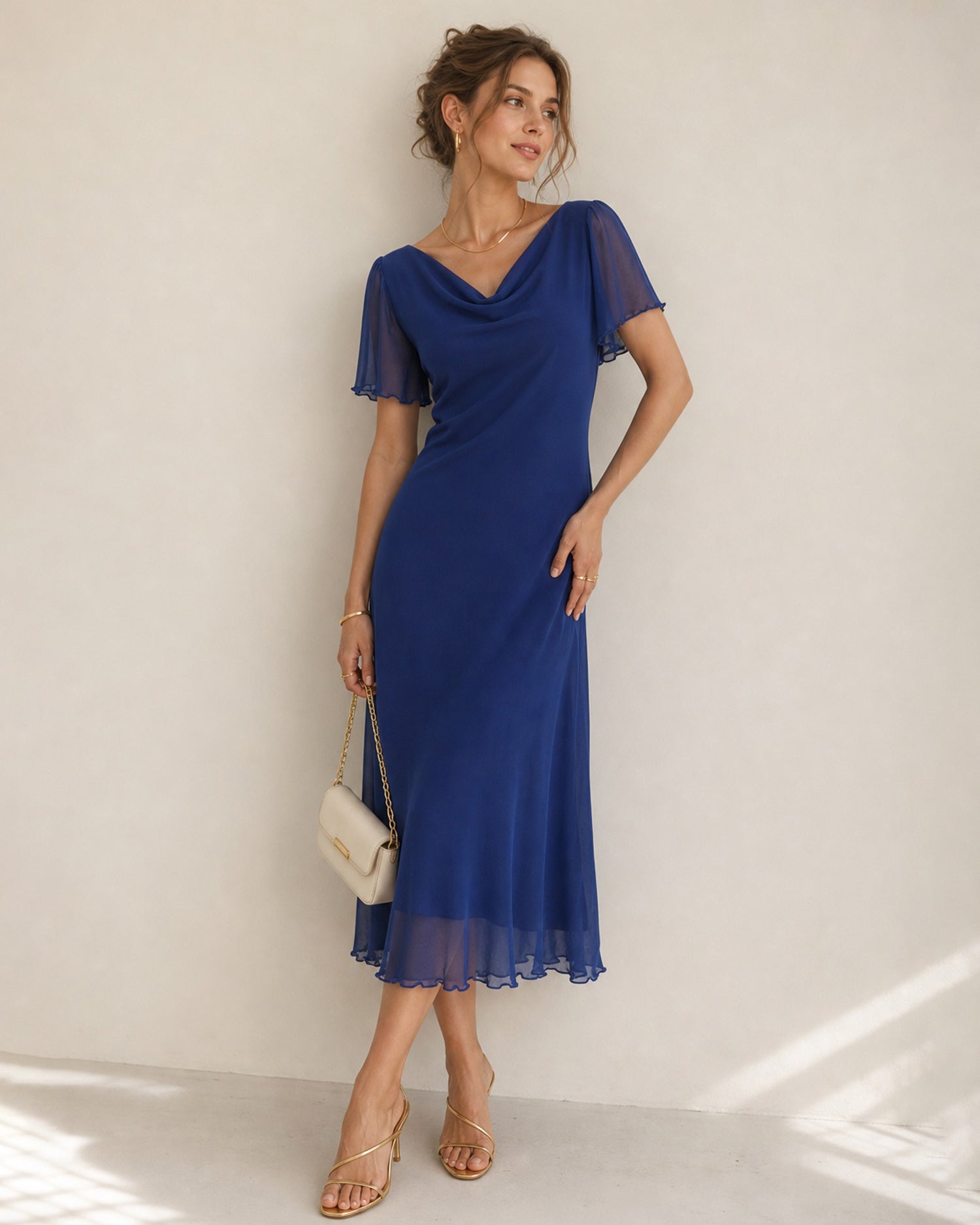 Navy Cowl Neck Mesh Midi Dress - view 2