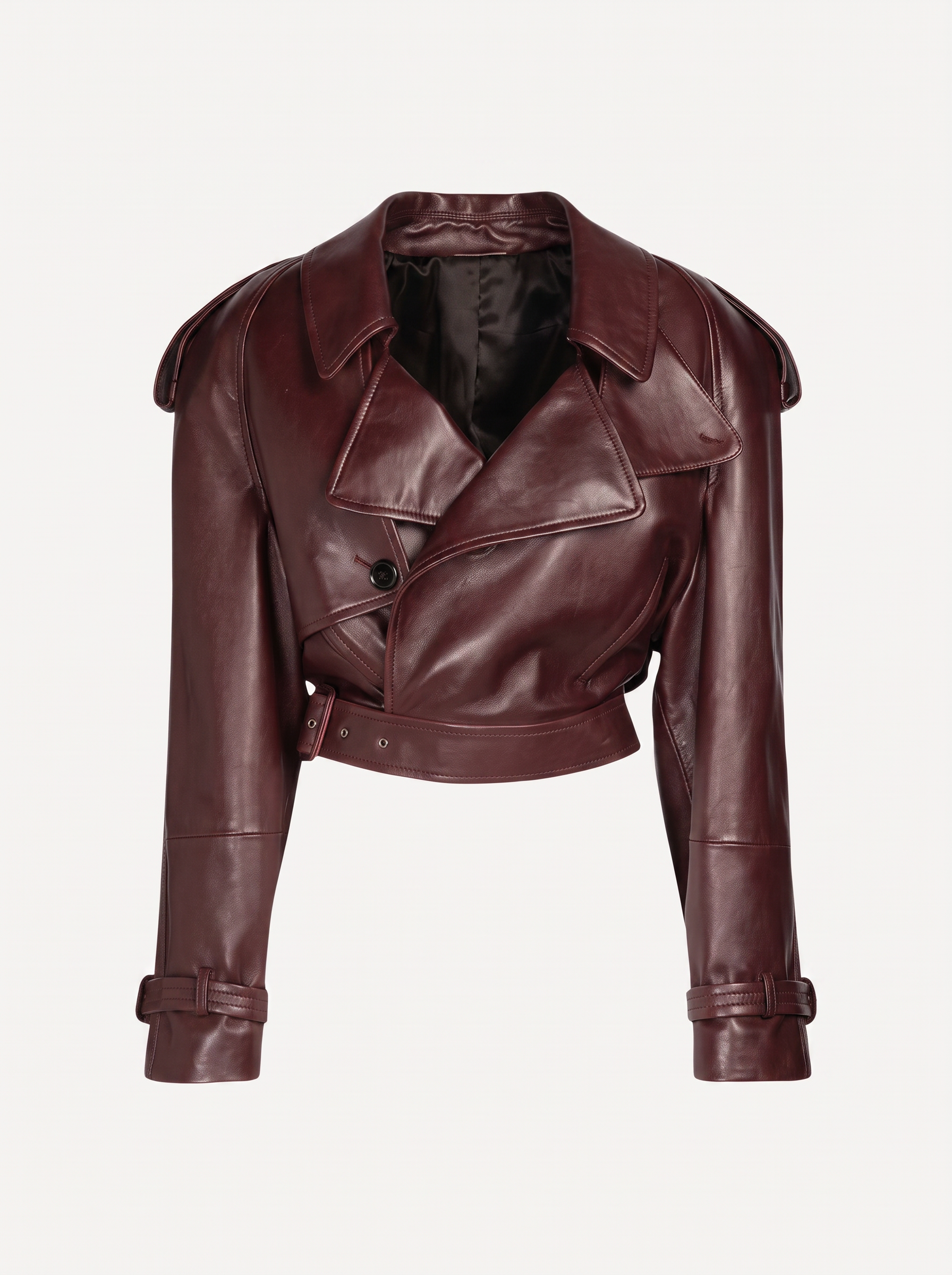 Belted Cropped Leather Biker Jacket in Brown