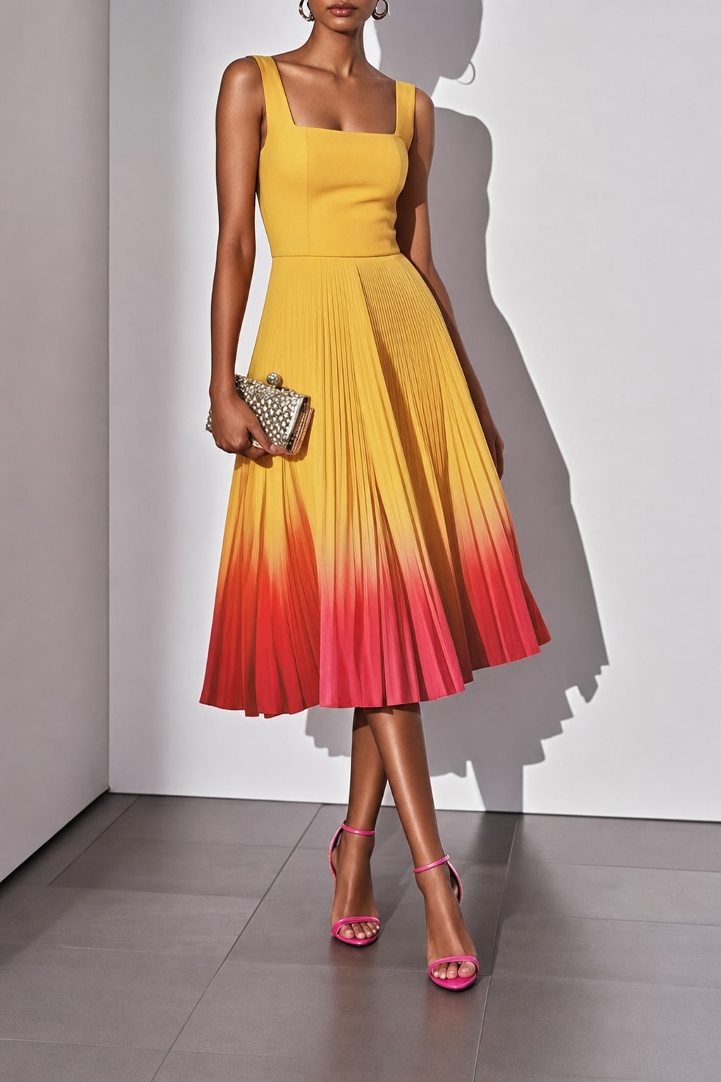 Pleated Ombre Square Neck Sleeveless A-Line Midi Dress - 4