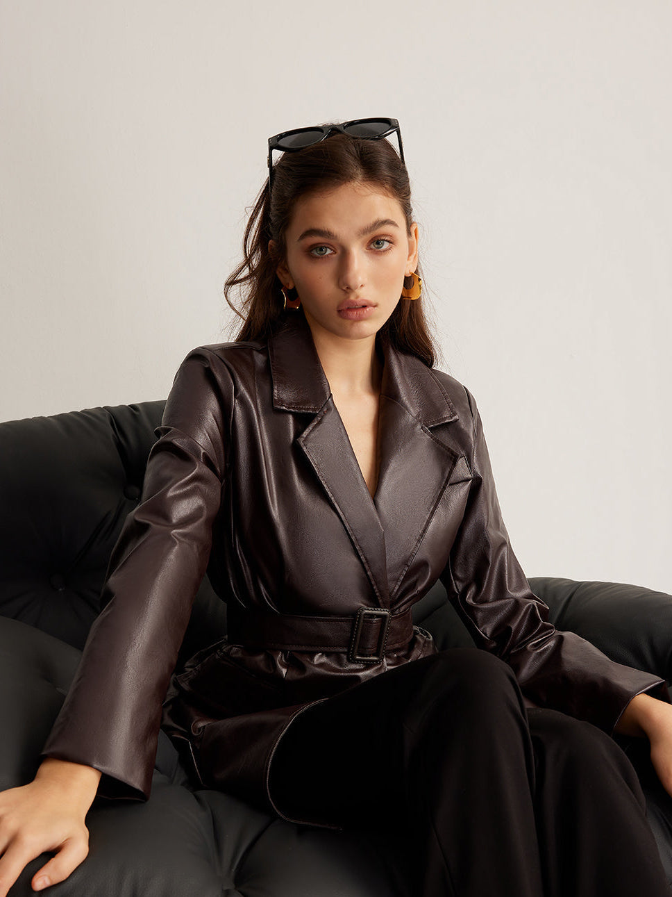 Burgundy Belted Wrap-Front Leather Jacket - view 4