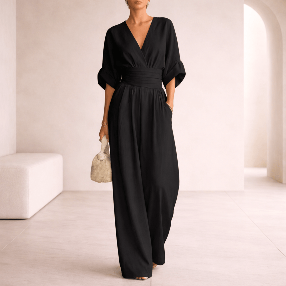 Wide leg V-neck jumpsuit with draped waist - view 6