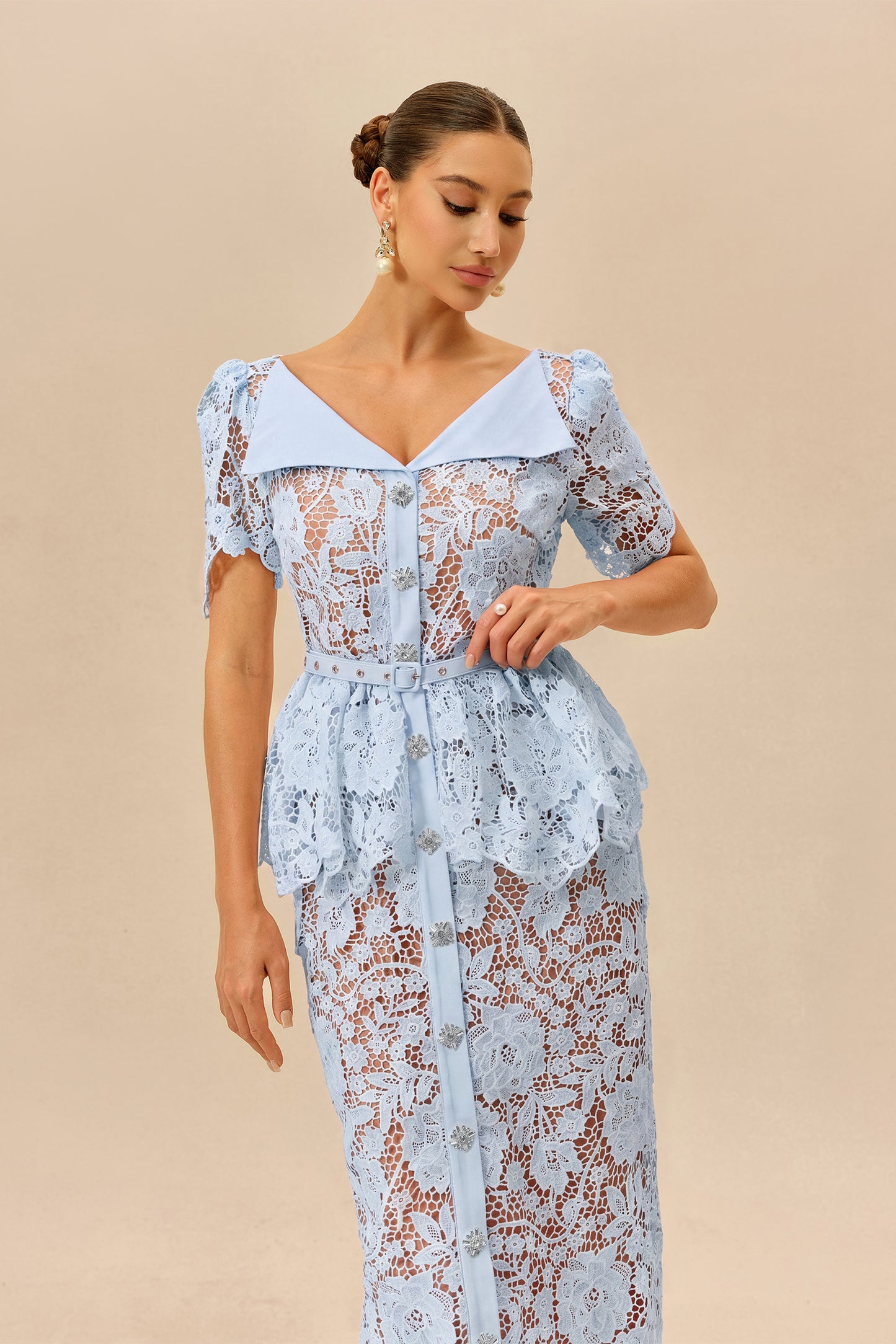Off-Shoulder Belted Lace Midi Dress in Blue - view 3