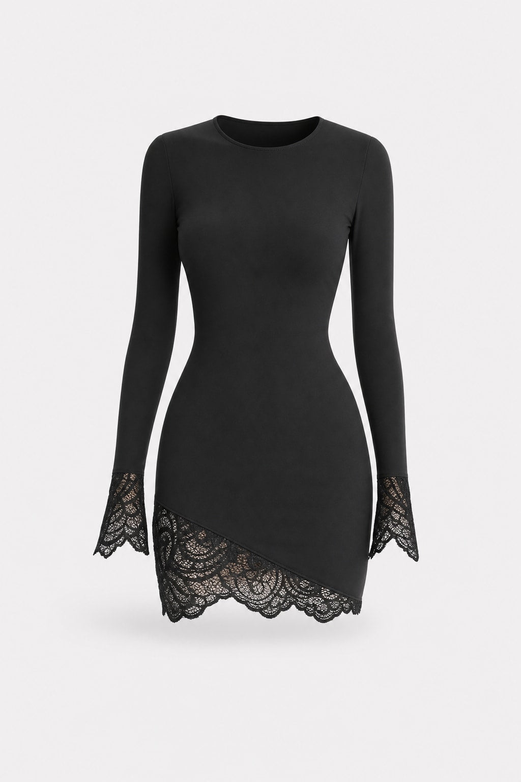 Soft Knit Lace-Trim Black Mini Dress - 1