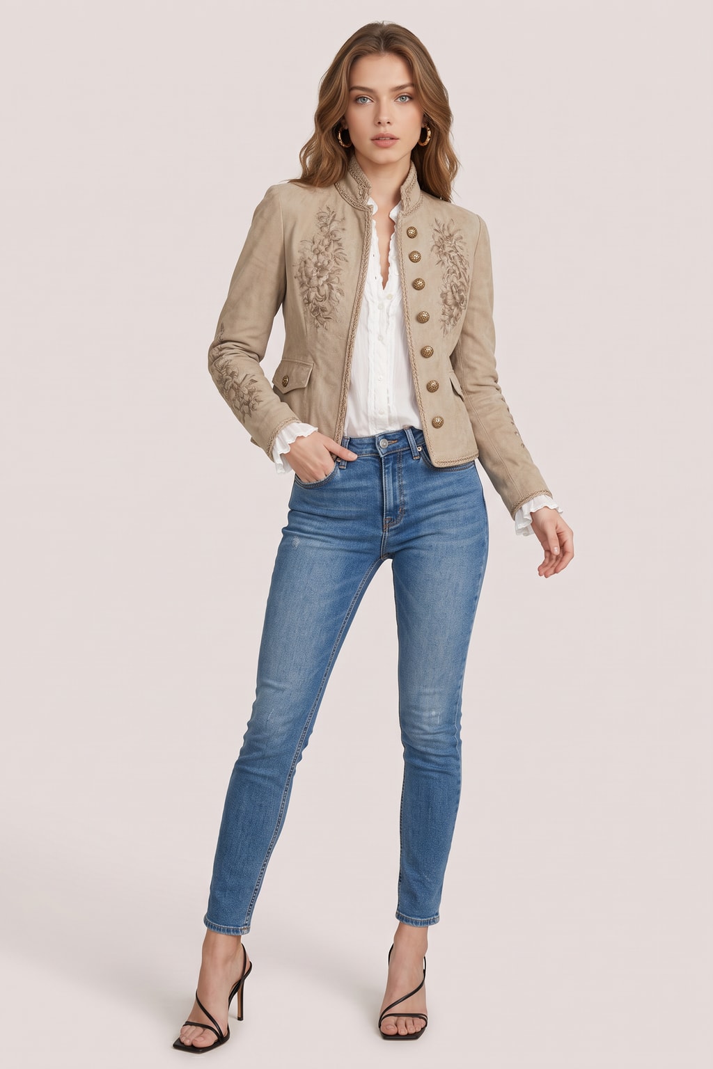 Retro Beige Long Sleeve Blazer with Floral Embroidery - 2
