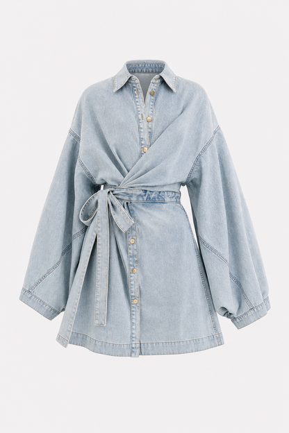 Denim Wrap Mini Dress with Balloon Sleeves
