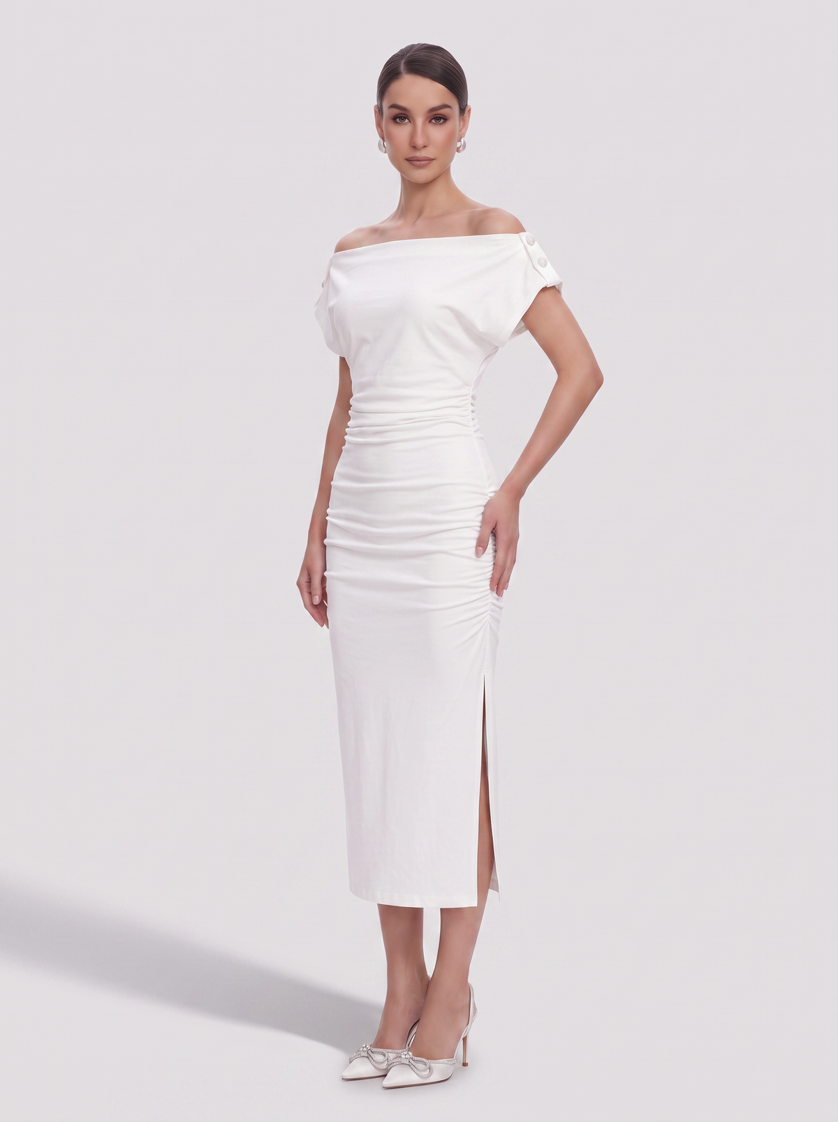 White viscose button-front midi dress - view 2